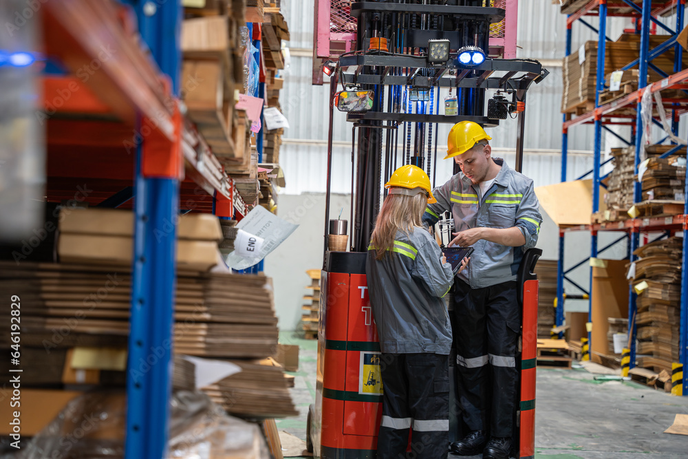 Two engineer talking in warehouse together. They discussing about work together at warehouse store. Two engineer talking in warehouse together. They discussing about work together at warehouse store.