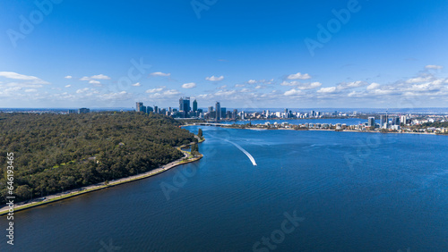 Fototapeta Naklejka Na Ścianę i Meble -  Aerial view of yachts along Perth's Swan River in Western Australia