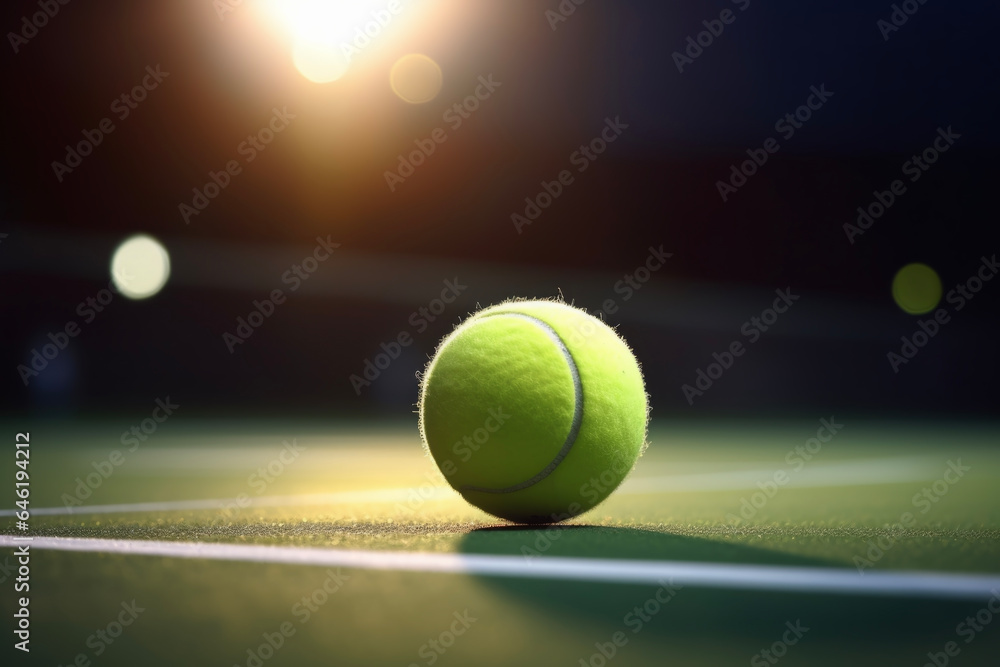 A close-up shot of the tennis ball on the tennis court in the gymnasium. Lifestyle concept for sports and hobbies.