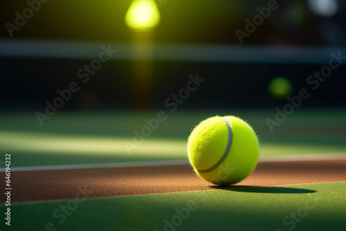 A close-up shot of the tennis ball on the tennis court in the gymnasium. Lifestyle concept for sports and hobbies. © cwa