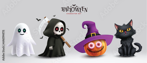 Halloween characters horror vector set design. Halloween character like grim reaper, ghost, pumpkin and cute cat mascot cartoon. Vector illustration party costume character collection. 