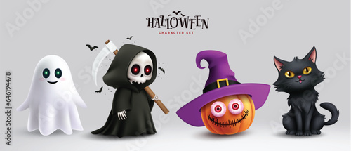 Halloween characters horror vector set design. Halloween character like grim reaper, ghost, pumpkin and cute cat mascot cartoon. Vector illustration party costume character collection.

