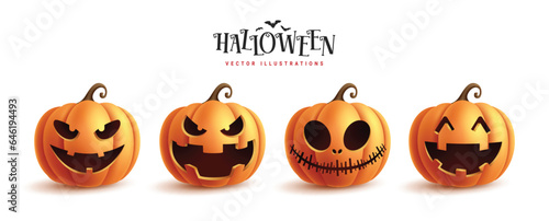 Halloween pumpkins set vector design. Halloween orange pumpkin character with funny, cute and happy face isolated in white background. Vector illustration for lantern squash collection. 
