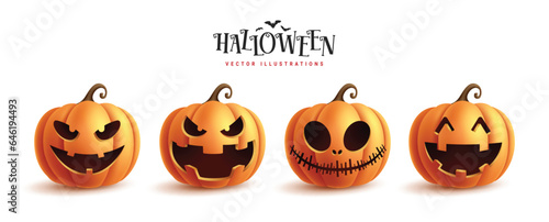Halloween pumpkins set vector design. Halloween orange pumpkin character with funny, cute and happy face isolated in white background. Vector illustration  for lantern squash collection.
