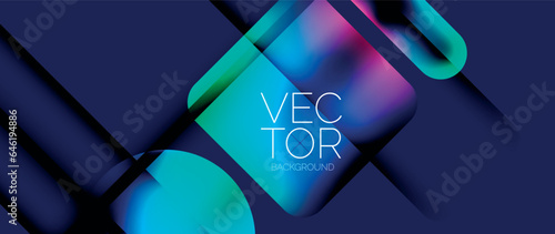 Dynamic bright colorful geometric elements with fluid gradients, lights, shadows blend in a minimal backdrop, creating captivating composition