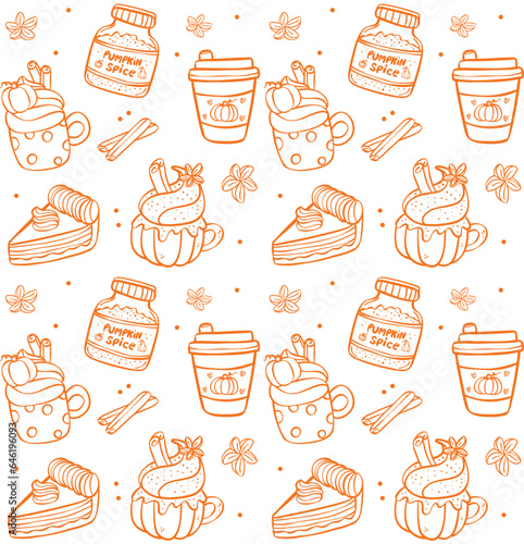 Cute Pumpkin Spice Cartoon Doodle outline Seamless Pattern Background