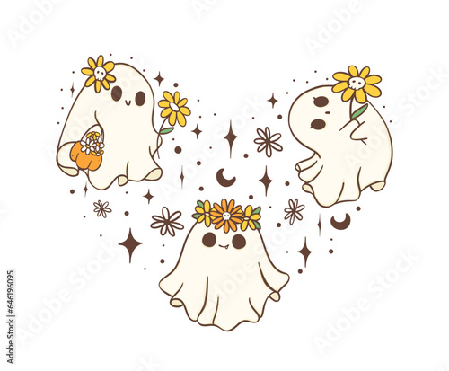 group of Cute Halloween ghost with daisy flower in heart shape, kawaii Retro floral spooky ghost cartoon doodle outline