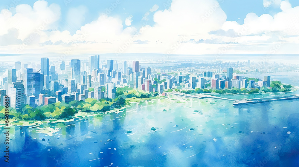 Obraz premium 海沿いの都市の水彩イラスト
