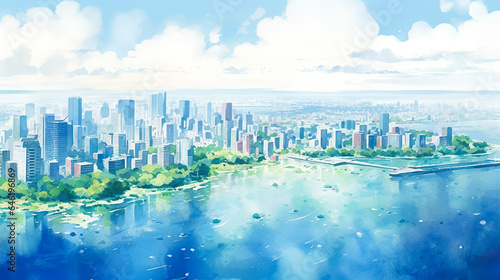 海沿いの都市の水彩イラスト