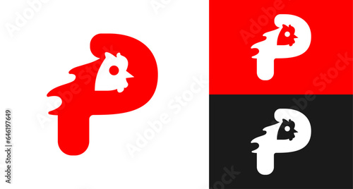 logo food initial P with chicken silhouette and cutlery with red and black color, suitable for restaurant business with processed chicken