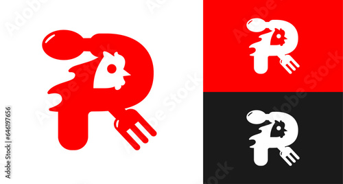 logo food initial R with chicken silhouette and cutlery with red and black color, suitable for restaurant business with processed chicken