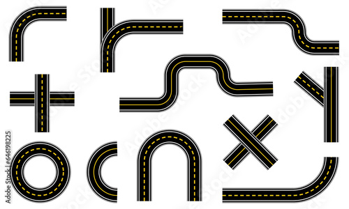 Winding and straight black asphalted roads track car with different shape collection flat illustration vector