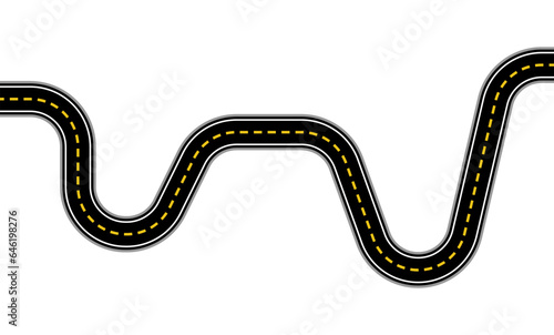 Asphalted road track highway car winding road with yellow lines flat style illustration