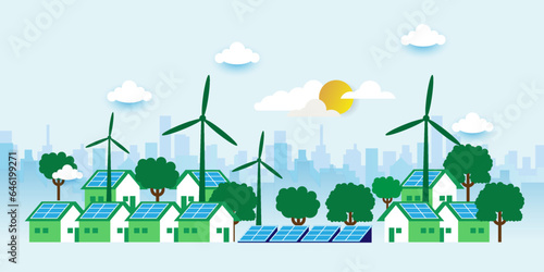 Solar Panels house and Windmills Concept. Cartoon Vector Illustration