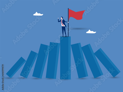 Businessman on stand strong bar graph domino collapse. Winner take all, survive business competition or strength to overcome difficulty, economic crisis or recession, business winner concept, success.