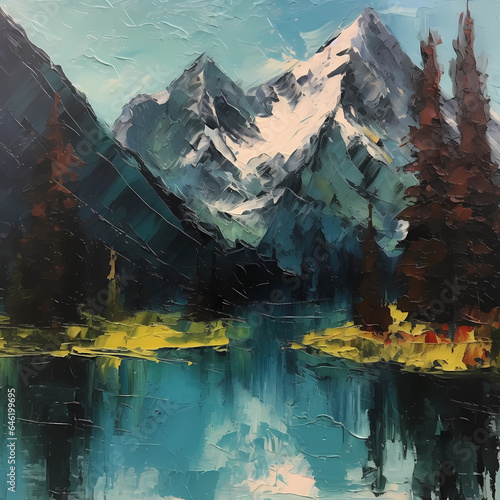 a painting of mountain lake