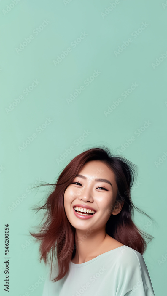 Fototapeta premium Close-up portrait of woman nice attractive lovely pretty cheerful cheery glad wavy-haired girl folded arms isolated over nude pastel color background. Generative AI.