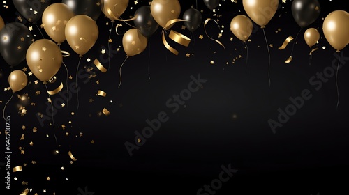  Gold,white,silver,black balloons and falling foil confetti on black background for writing space.Generative AI
