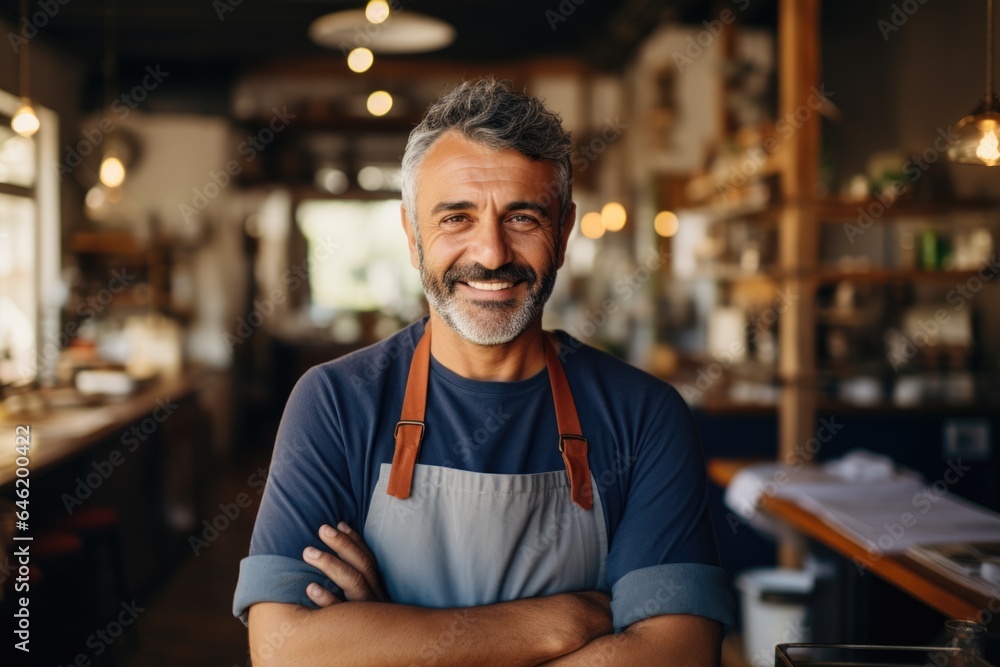 Smiling portrait of a happy middle aged caucasian small busness and restaurant owner in his restaurant Smiling portrait of a happy middle aged caucasian small busness and restaurant owner in his restaurant