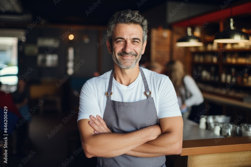 Smiling portrait of a happy middle aged caucasian small busness and restaurant owner in his restaurant Smiling portrait of a happy middle aged caucasian small busness and restaurant owner in his restaurant