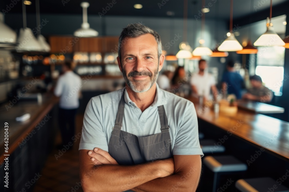 Smiling portrait of a happy middle aged caucasian small busness and restaurant owner in his restaurant Smiling portrait of a happy middle aged caucasian small busness and restaurant owner in his restaurant