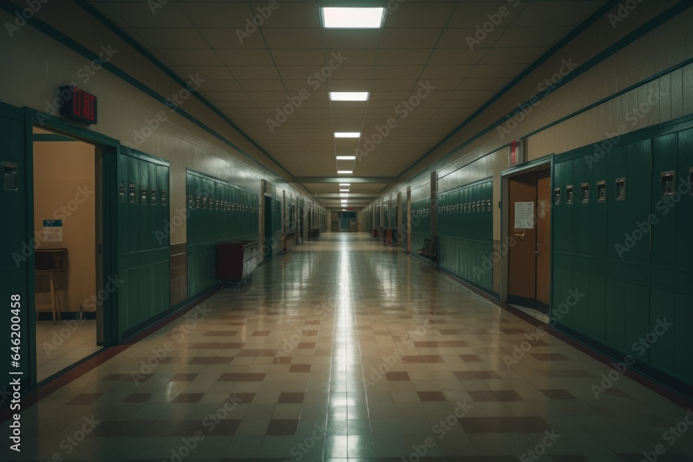 Empty interior of an elementary school hallway with lockers and classrooms