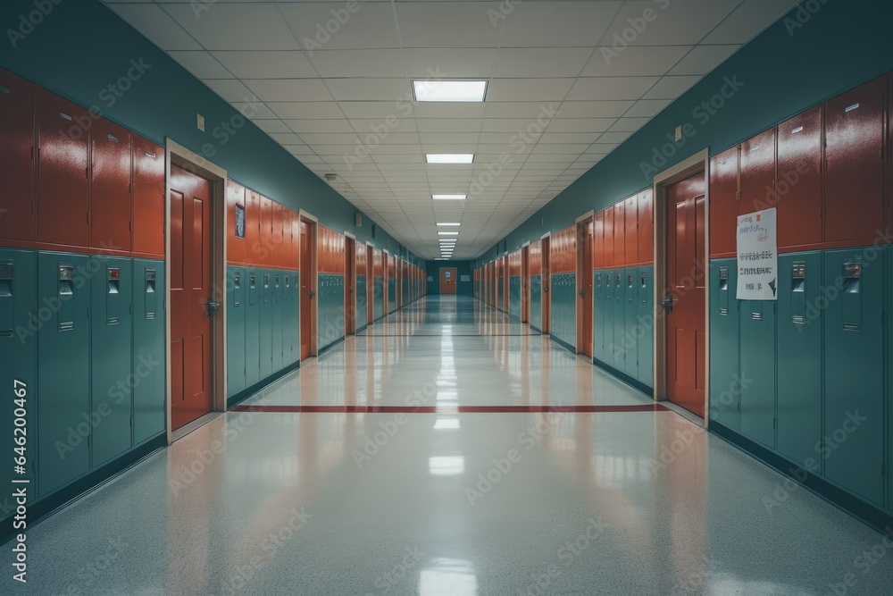 Empty interior of a high school hallway with lockers and classrooms Empty interior of a high school hallway with lockers and classrooms