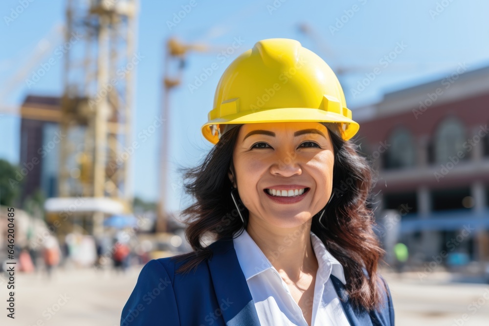 Smiling portrait of a happy asian architect or developer working on a construction site Smiling portrait of a happy asian architect or developer working on a construction site