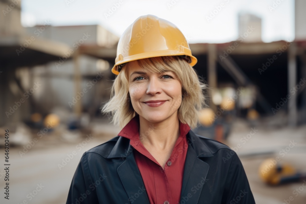 Smiling portrait of a happy female caucasian architect or developer working on a construction site Smiling portrait of a happy female caucasian architect or developer working on a construction site