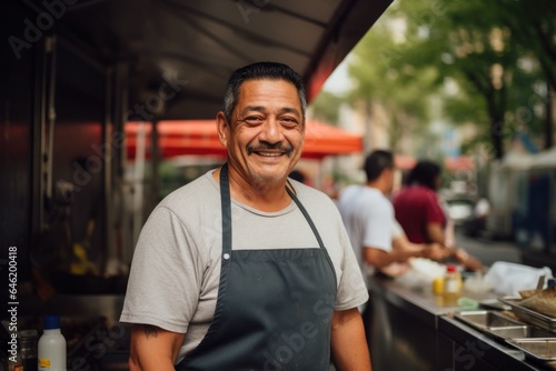 Smiling portrait of a middle aged mexican food truck owner working in his food truck in the city