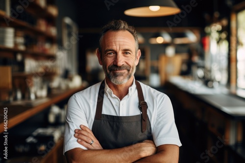 Smiling portrait of a happy middle aged caucasian small busness and restaurant owner in his restaurant © Baba Images
