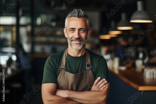 Smiling portrait of a happy middle aged caucasian small busness and restaurant owner in his restaurant