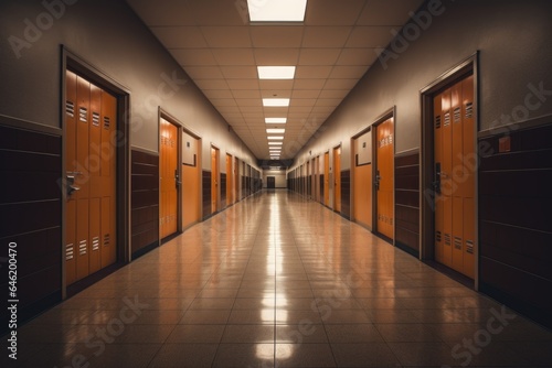 Empty interior of an elementary school hallway with lockers and classrooms