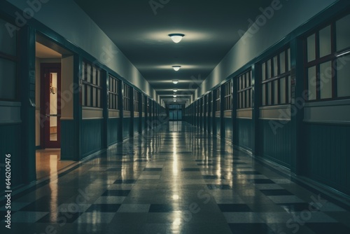 Empty interior of a high school hallway with lockers and classrooms