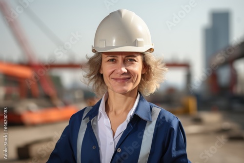 Smiling portrait of a happy female caucasian architect or developer working on a construction site © Baba Images