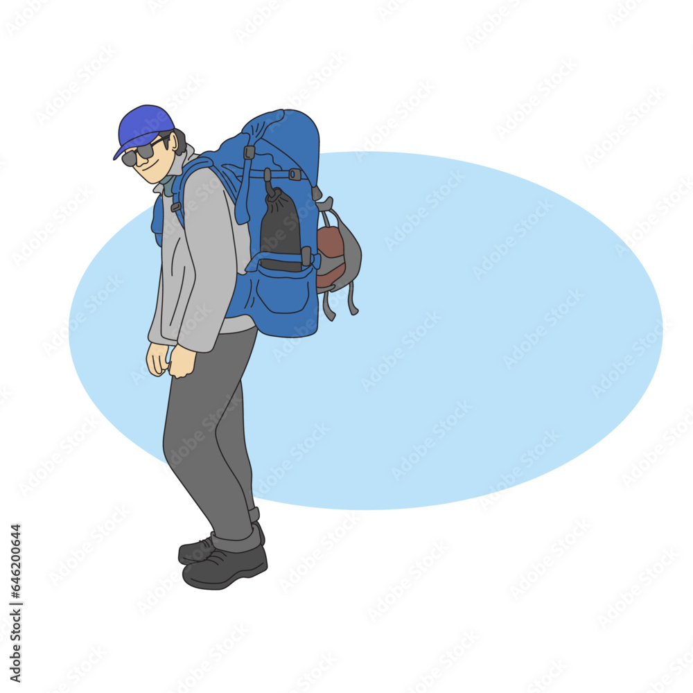 full length of man with backpack on blue copy space illustration vector hand drawn isolated on white background full length of man with backpack on blue copy space illustration vector hand drawn isolated on white background