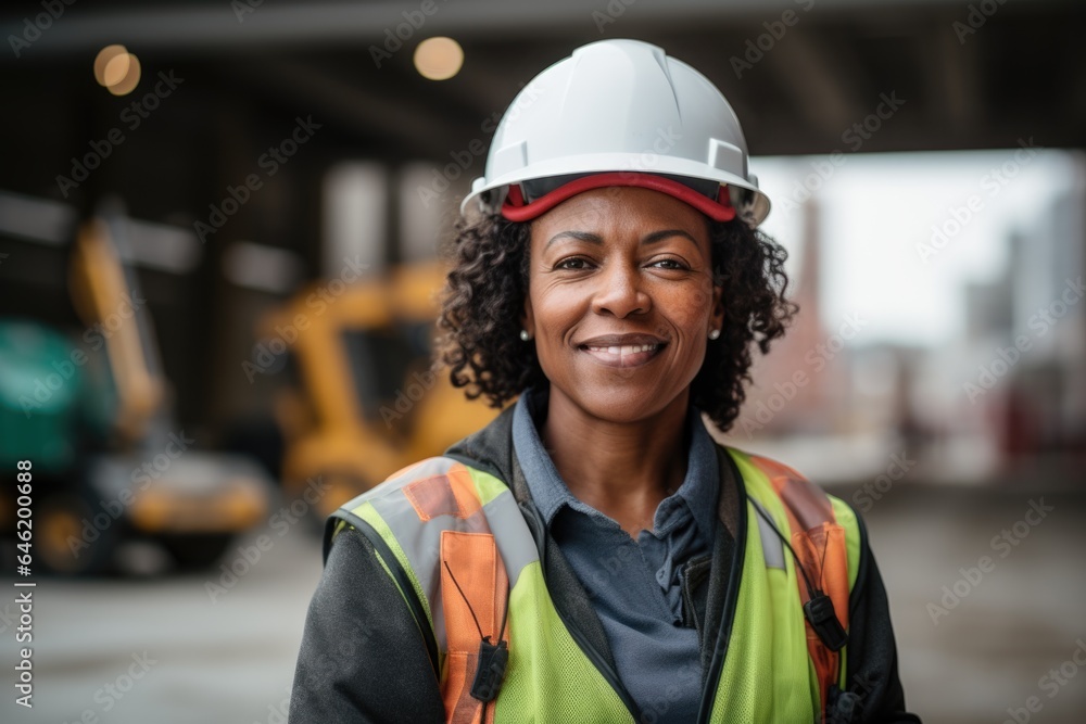 Smiling portrait of a happy female african american developer or architect with a hard hat on a construction site Smiling portrait of a happy female african american developer or architect with a hard hat on a construction site