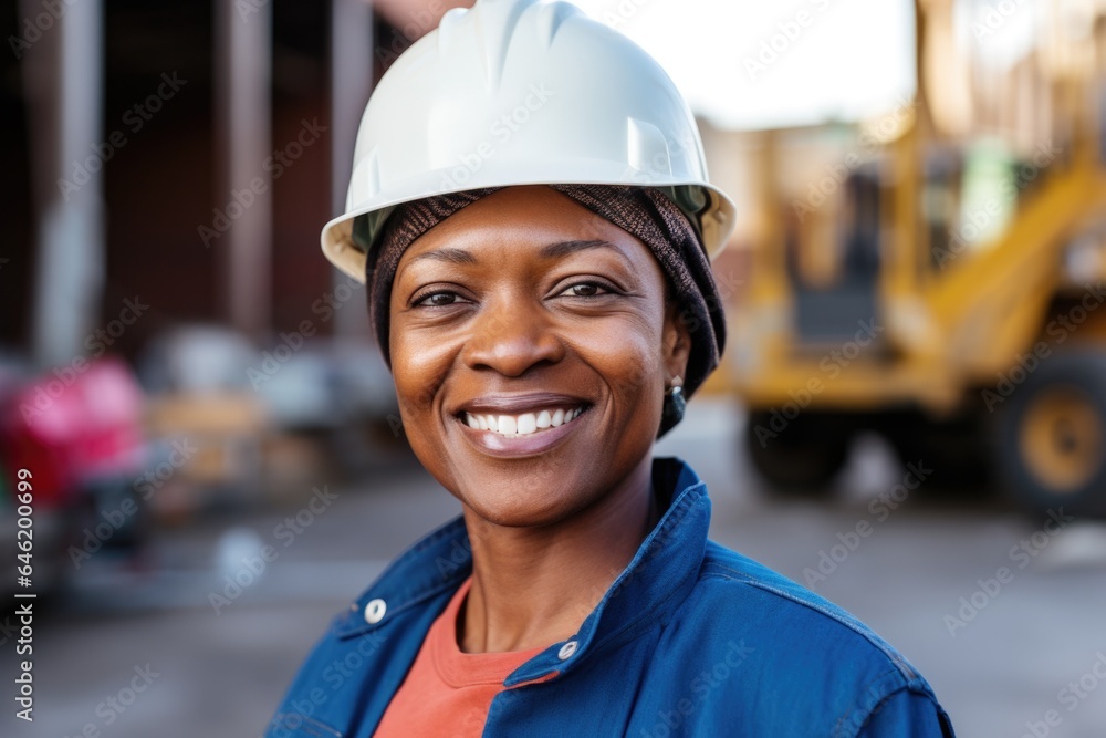 Smiling portrait of a happy female african american developer or architect with a hard hat on a construction site Smiling portrait of a happy female african american developer or architect with a hard hat on a construction site