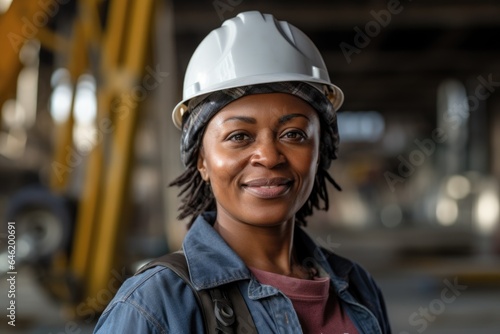 Smiling portrait of a happy female african american developer or architect with a hard hat on a construction site