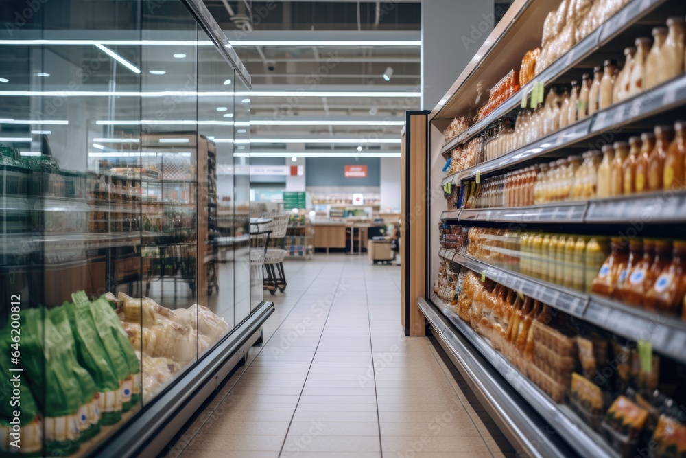 Interior of a supermarket or grocery store without people