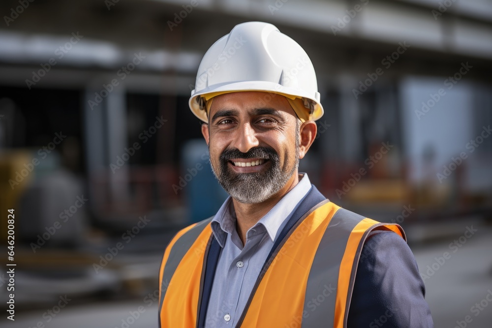 Smiling portrait of a happy male indian architect or developer working on a construction site Smiling portrait of a happy male indian architect or developer working on a construction site