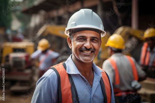 Smiling portrait of a happy male indian architect or developer working on a construction site