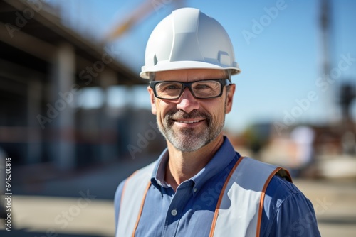 Smiling portrait of a happy white male developer or architect working on a construction site