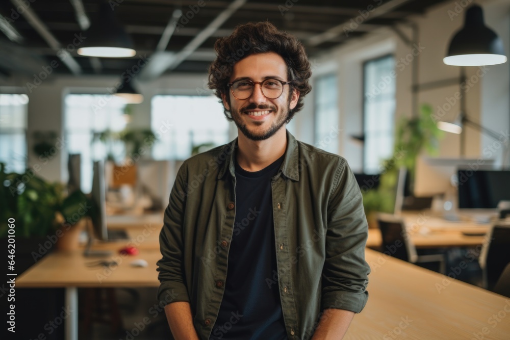 Smiling portrait of a happy young caucasian man working for a modern startup company in a business office Smiling portrait of a happy young caucasian man working for a modern startup company in a business office