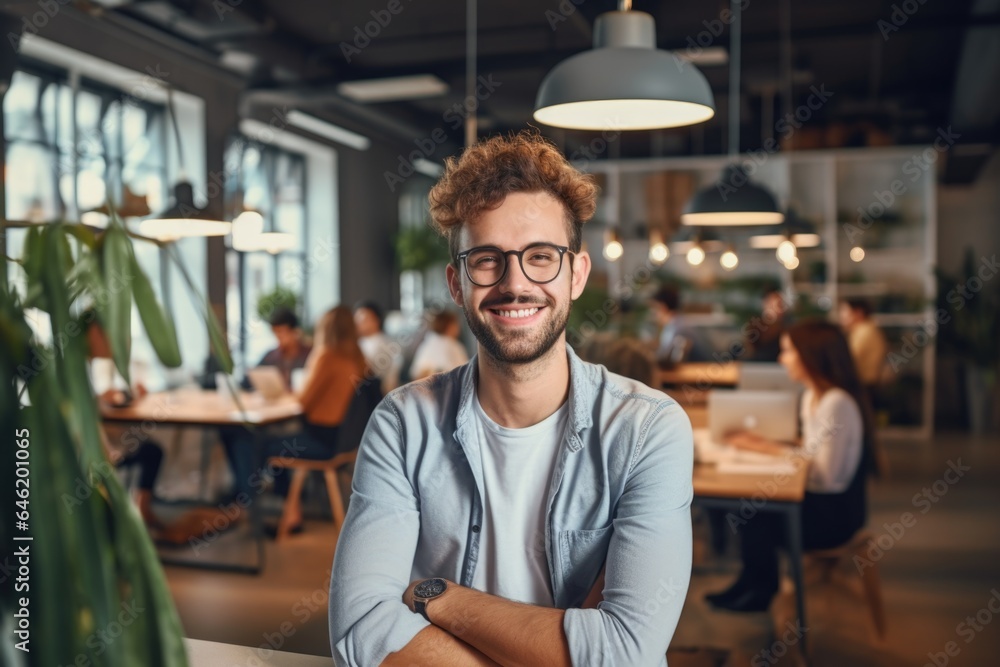 Smiling portrait of a happy young caucasian man working for a modern startup company in a business office Smiling portrait of a happy young caucasian man working for a modern startup company in a business office