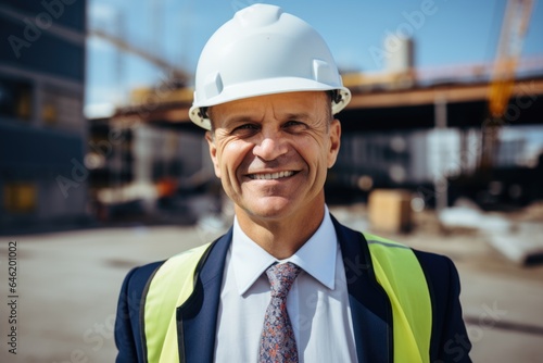 Smiling portrait of a happy male german developer or architect working on a construction site