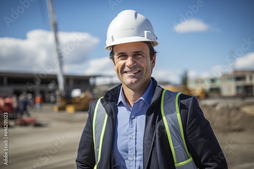 Smiling portrait of a happy male caucasian real estate project owner on a construction site