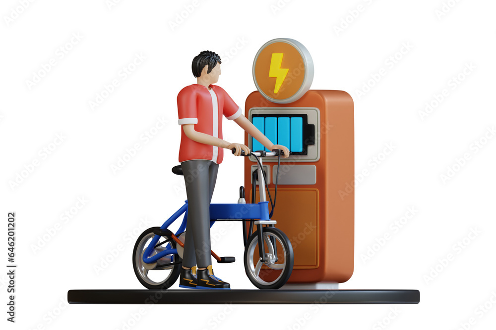 Charges The Electric Bike At Electron 3d Illustration