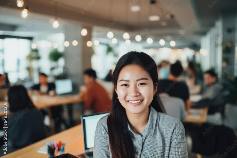 Smiling portrait of a happy korean woman working for a modern startup company in a business office Smiling portrait of a happy korean woman working for a modern startup company in a business office