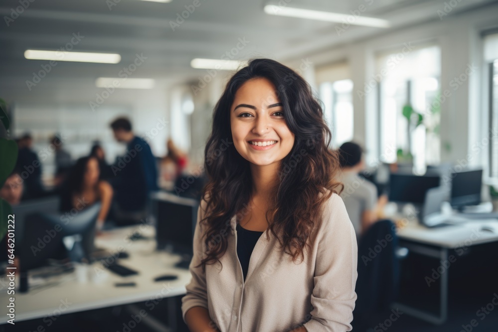 Smiling portrait of a happy chinese woman working for a modern startup company in a business office